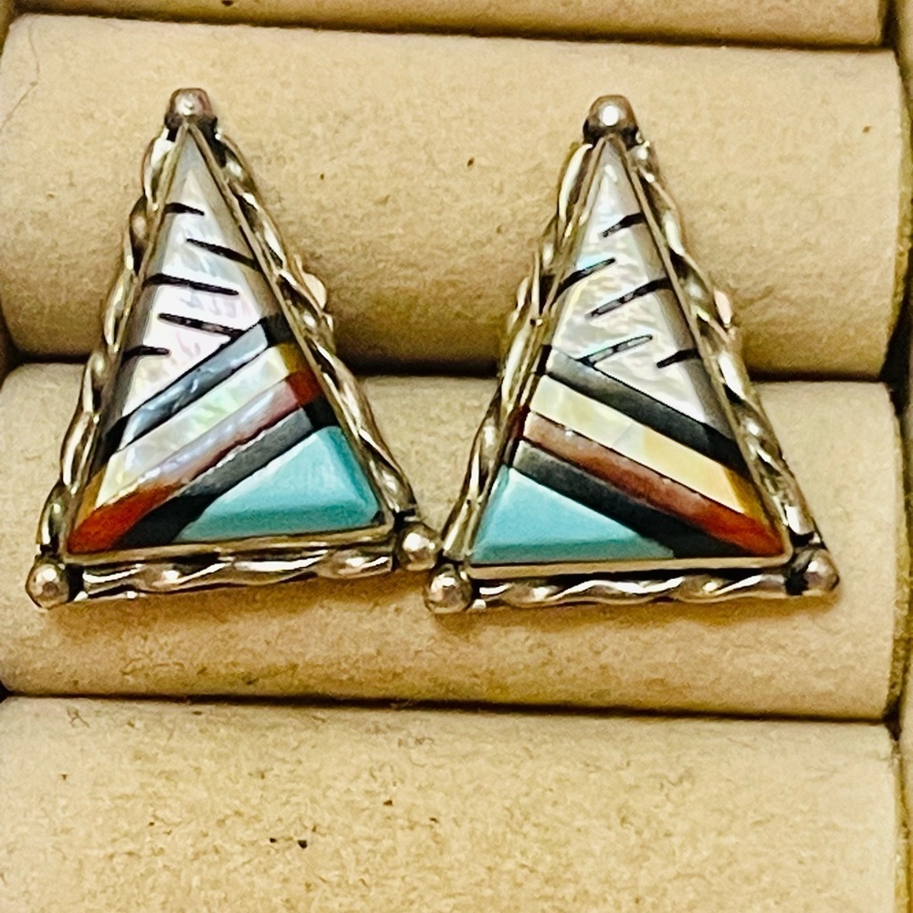 VTG ZUNI Native American Sterling Coral Turquoise Onyx Mother Of Pearl
Earrings